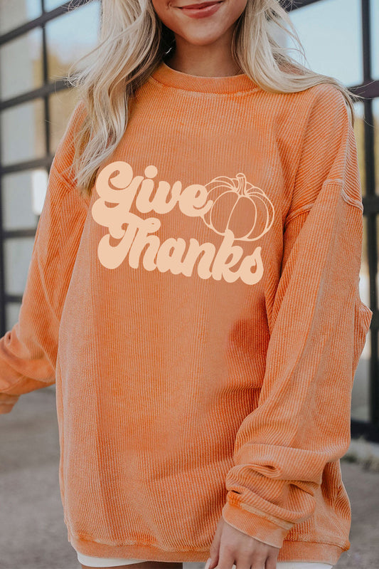 GIVE THANKS Ribbed Round Neck Sweatshirt 