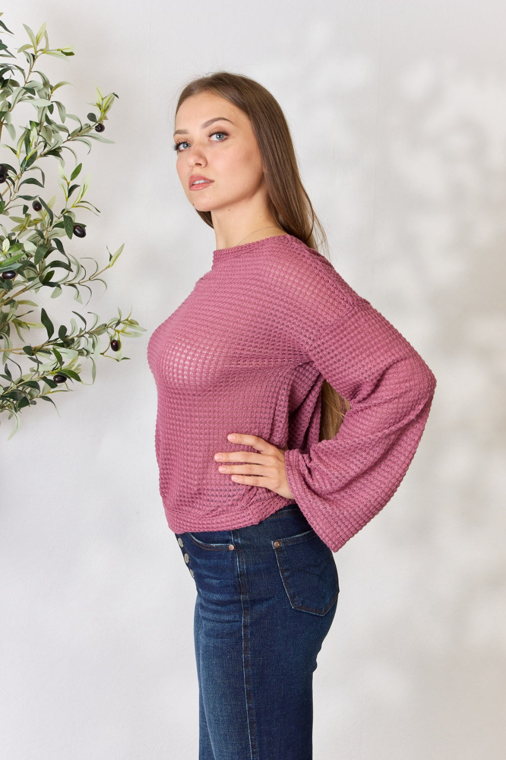 Culture Code Full Size Waffle-Knit Round Neck Long Sleeve Blouse 