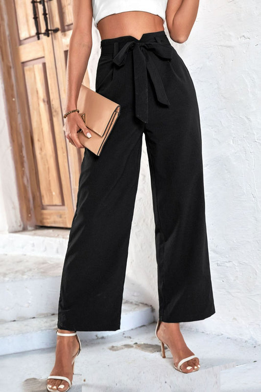 Belted High-Rise Wide Leg Pants - Babbazon