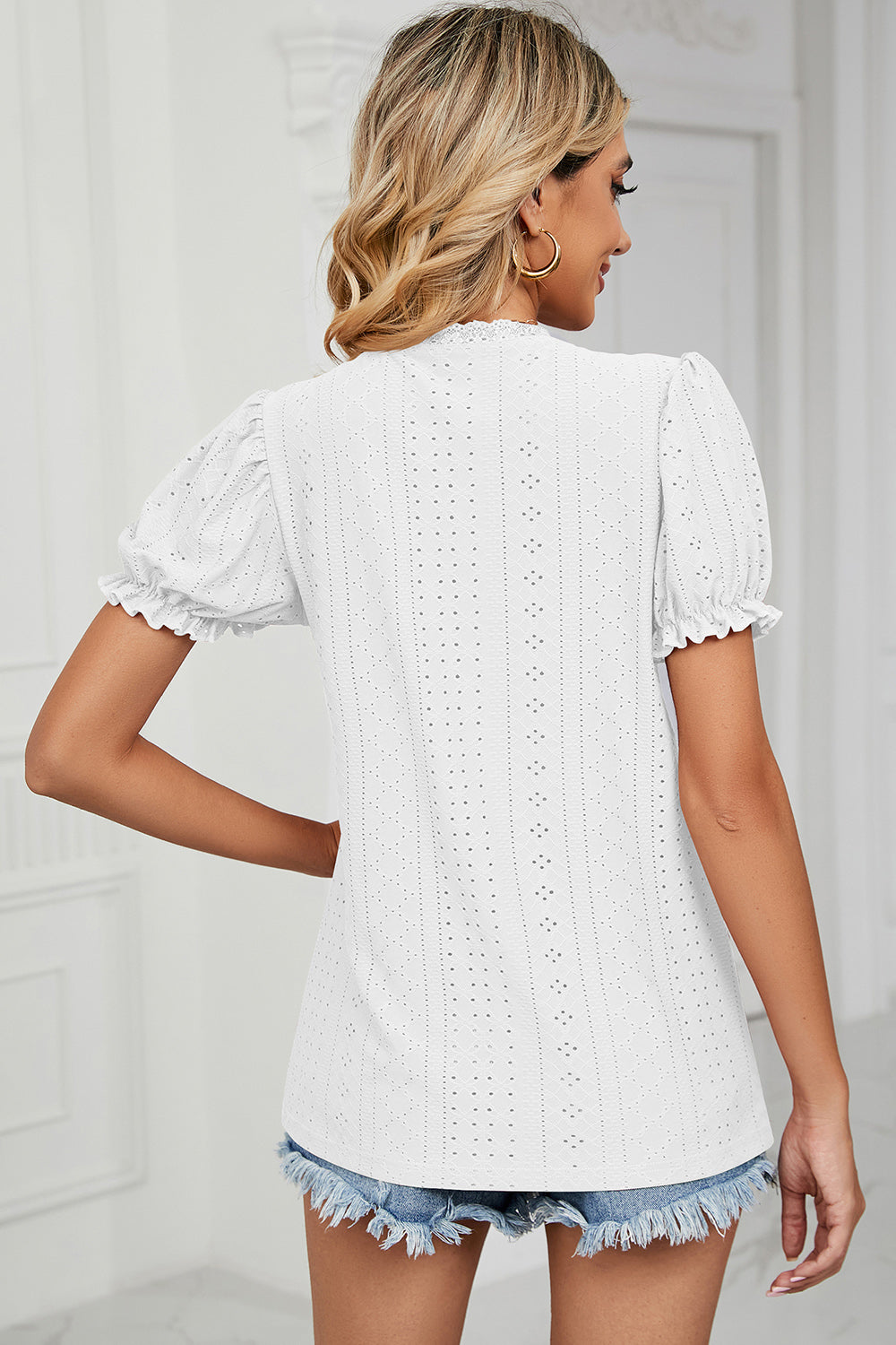 Eyelet V-Neck Short Sleeve Top 