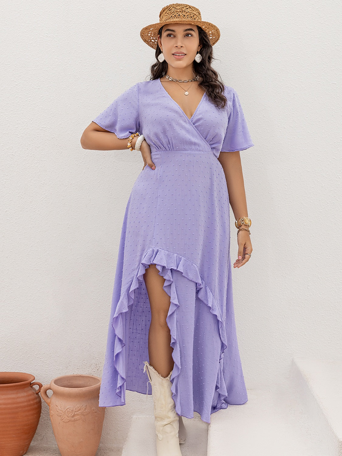 Plus Size Swiss Dot High-Low Surplice Dress - Babbazon Midi Dress