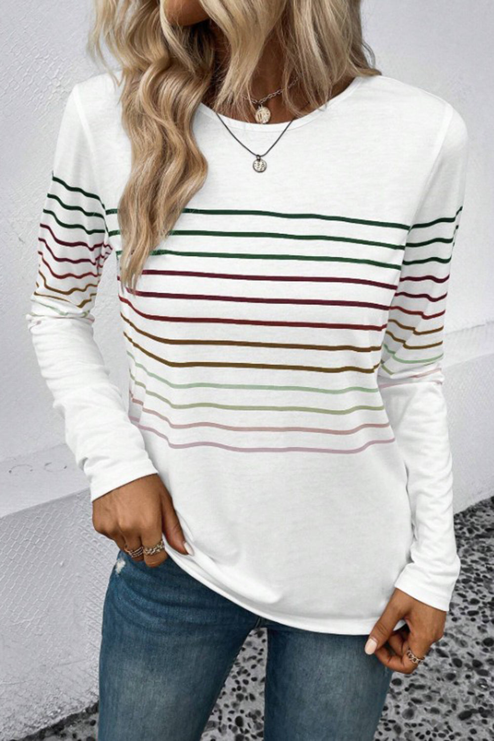 Striped Round Neck Long Sleeve T-Shirt 