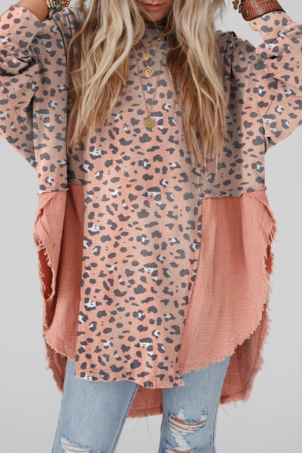 Textured Leopard Dropped Shoulder Blouse - Babbazon blouse