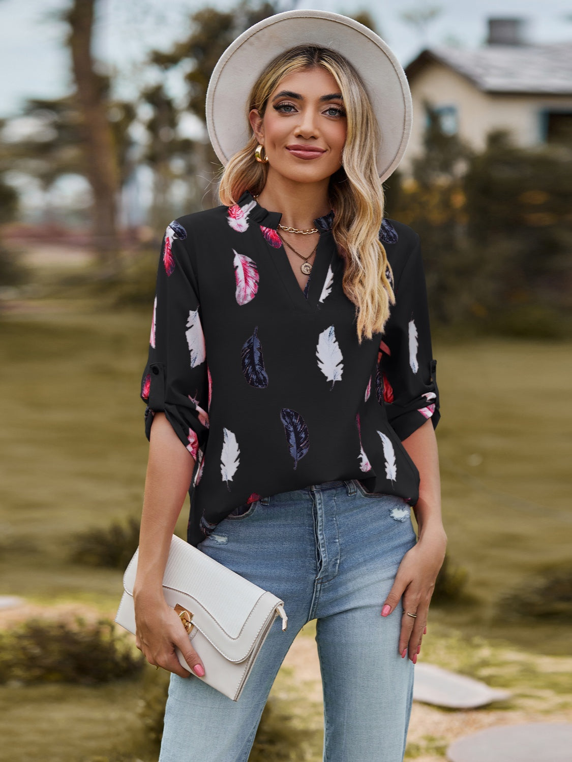 Printed Frill Notched Roll-Tab Sleeve Blouse