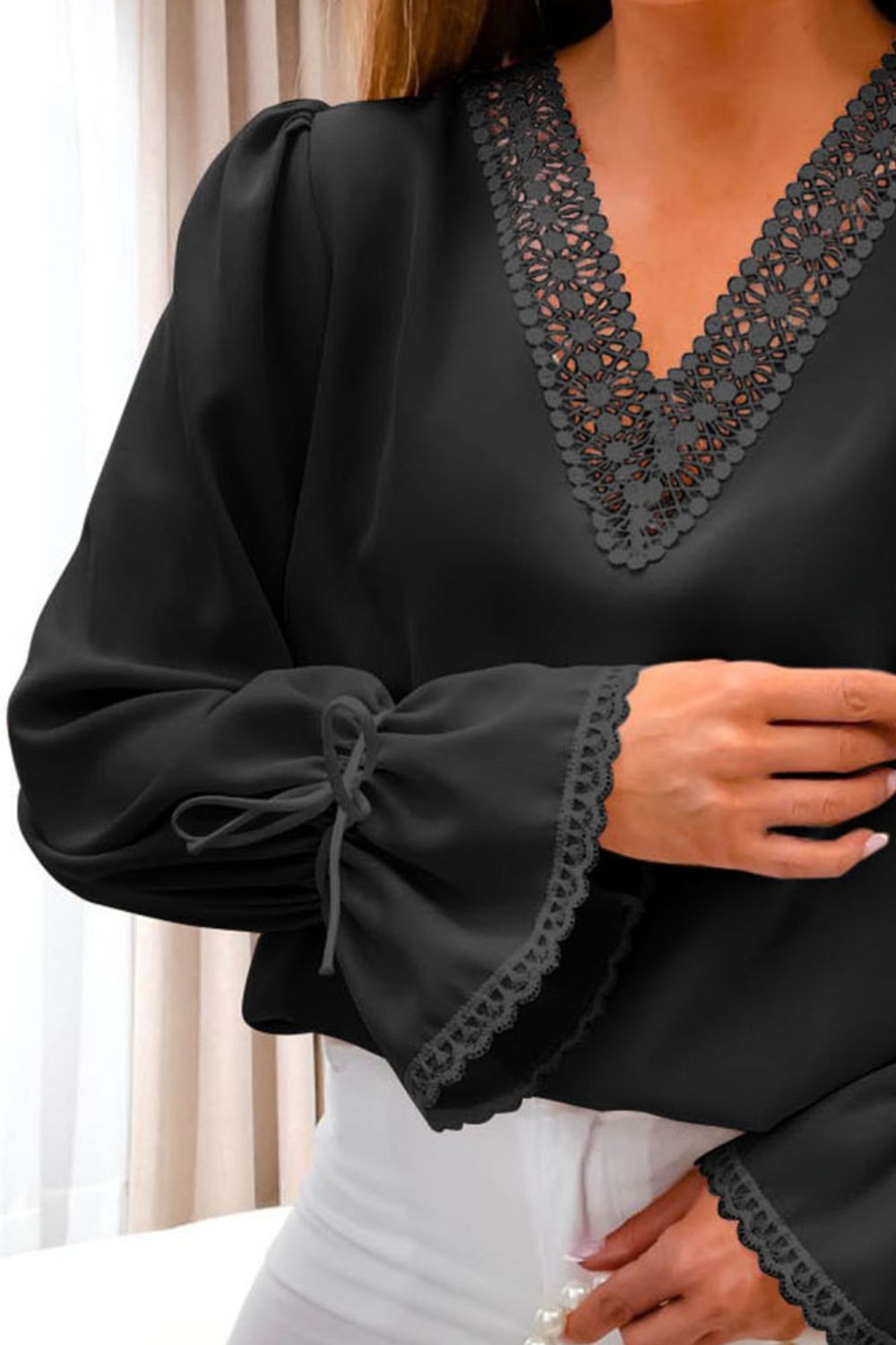 Openwork V-Neck Flounce Sleeve Blouse 