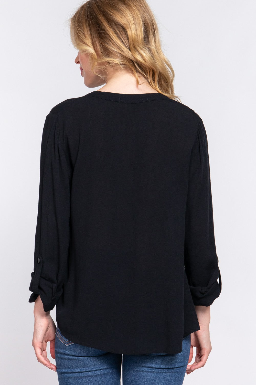 ACTIVE BASIC Full Size Notched Long Sleeve Woven Top 