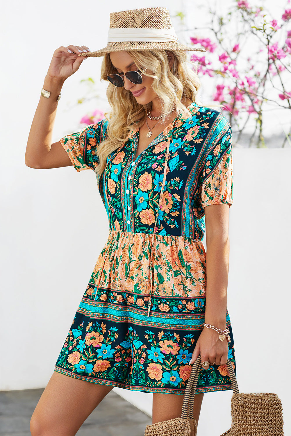 Floral Multicolored Tie-Neck Romper 