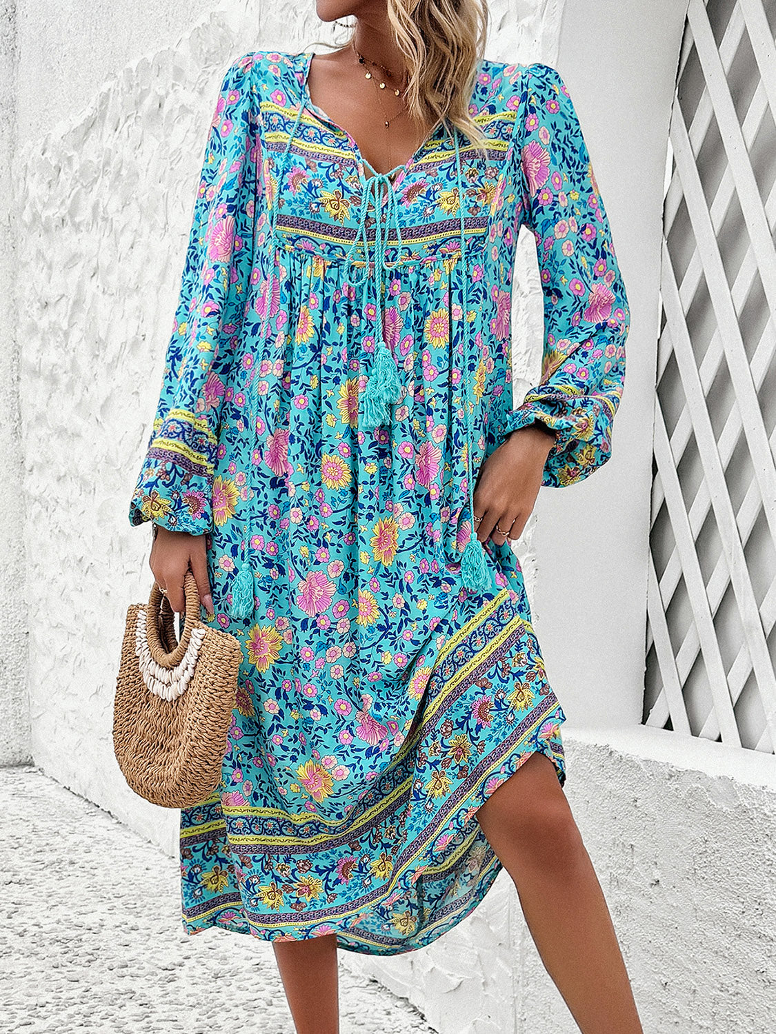 Tassel Tied Printed Long Sleeve Dress 