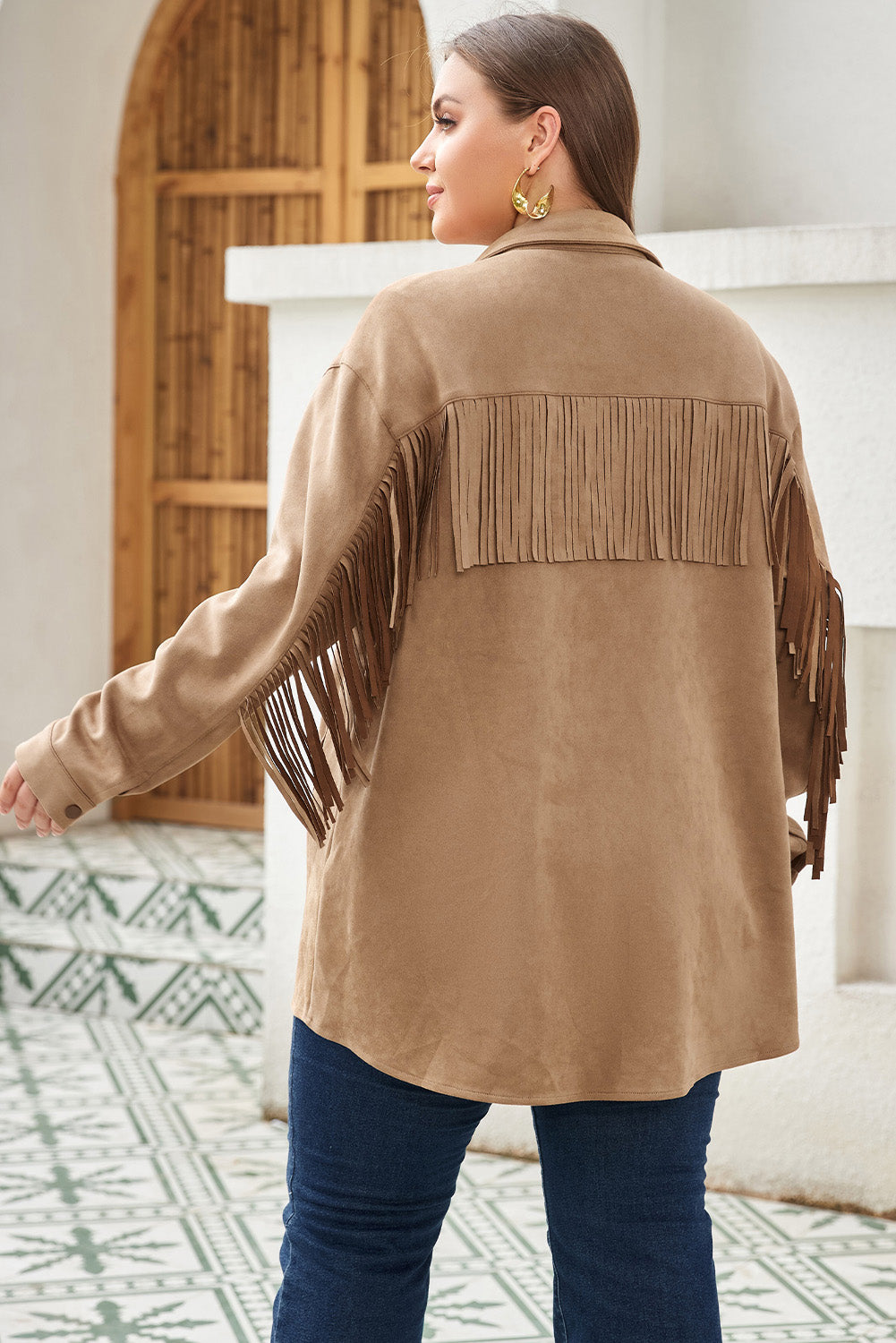 Plus Size Fringe Trim Snap Down Long Sleeve Shacket 