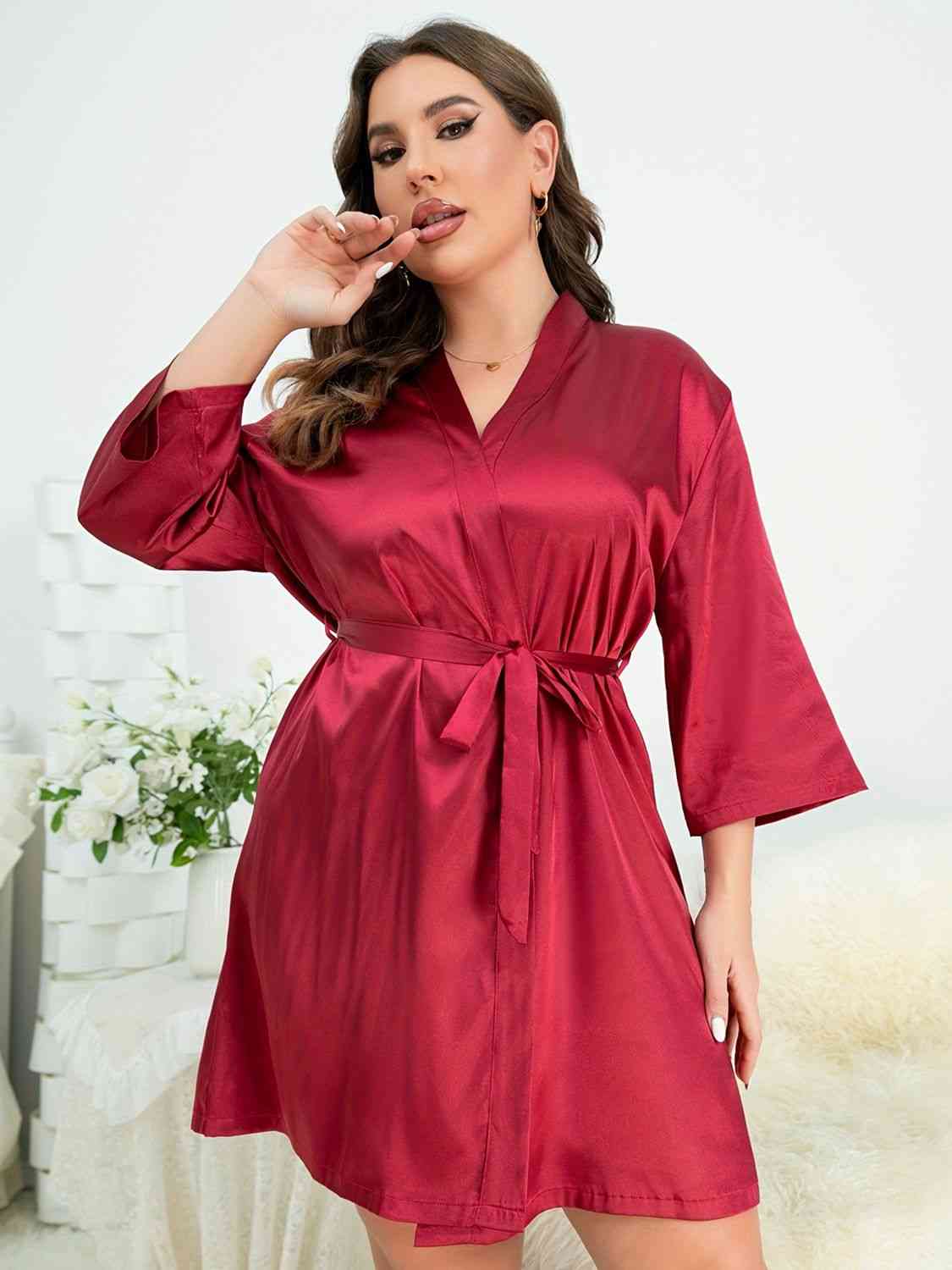 Plus Size Surplice Neck Tie Waist Robe - Babbazon loungewear