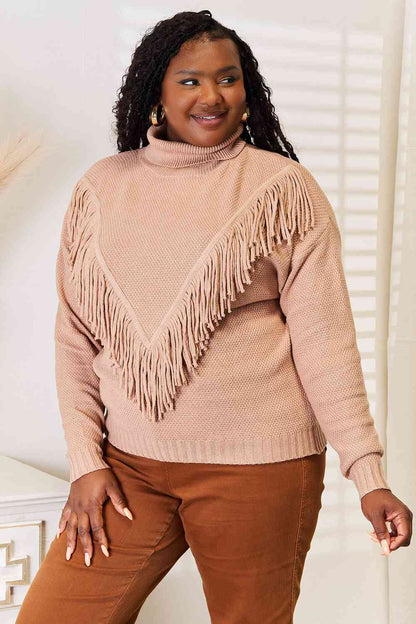 Woven Right Turtleneck Fringe Front Long Sleeve Sweater 