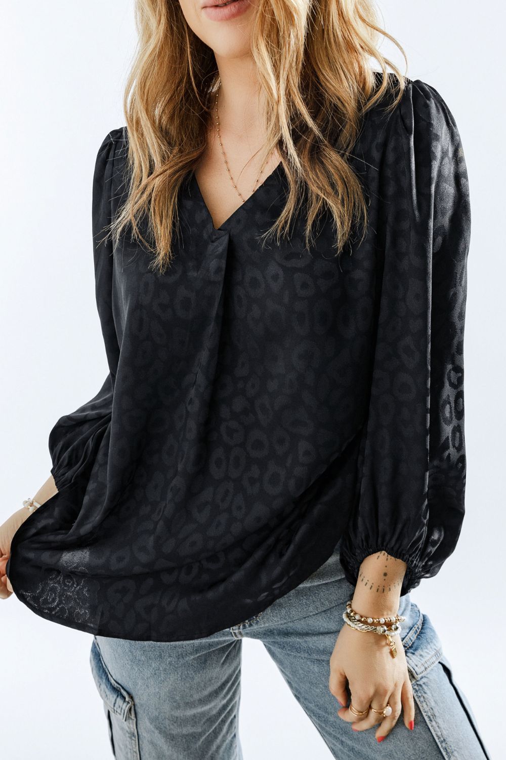 Leopard V-Neck Balloon Sleeve Blouse 