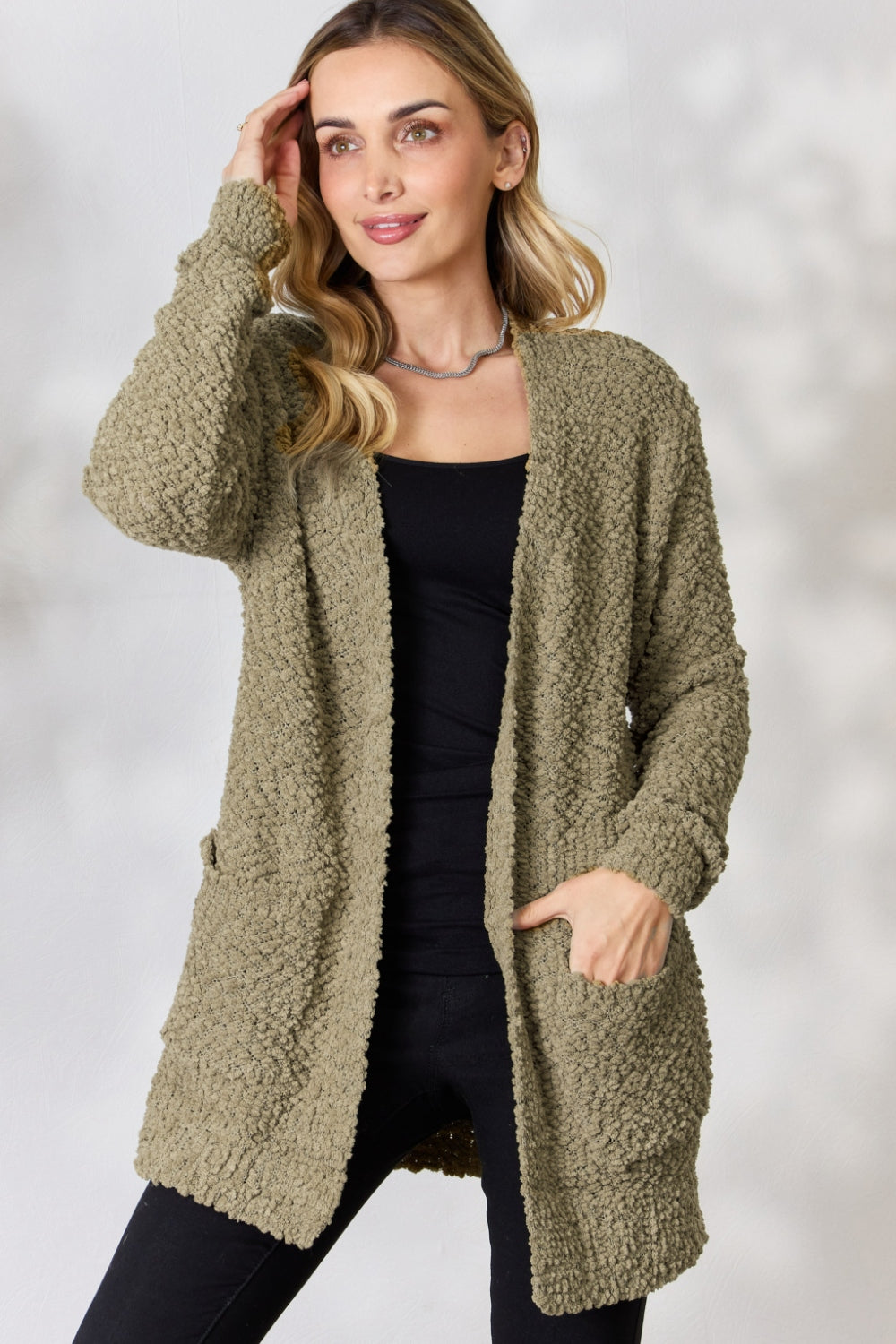 Zenana Falling For You Full Size Open Front Popcorn Cardigan 