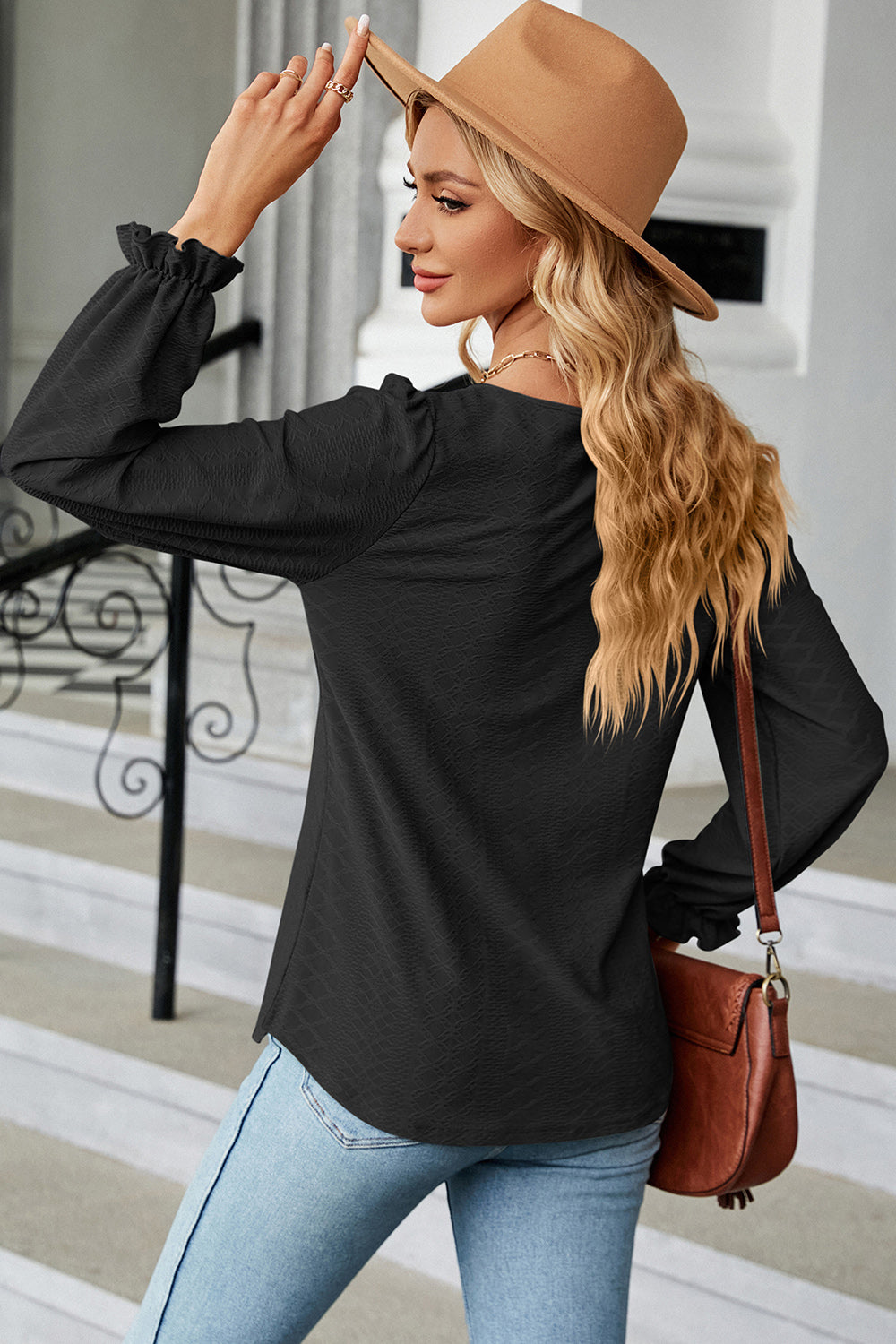 Round Neck Flounce Sleeve T-Shirt 