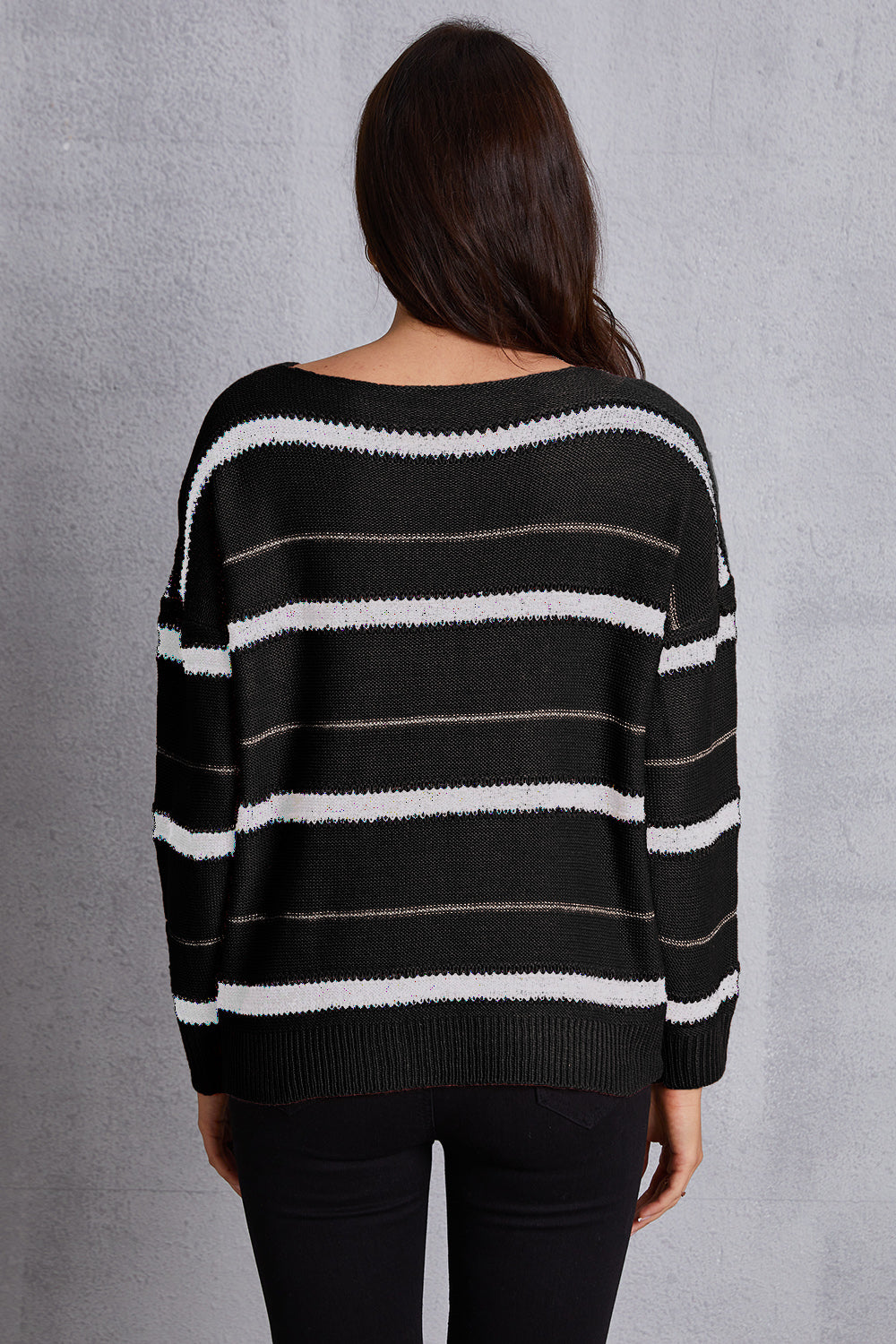 Striped Round Neck Dropped Shoulder Sweater 