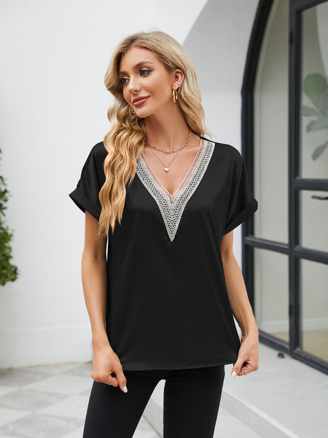 V-Neck Short Sleeve Blouse 