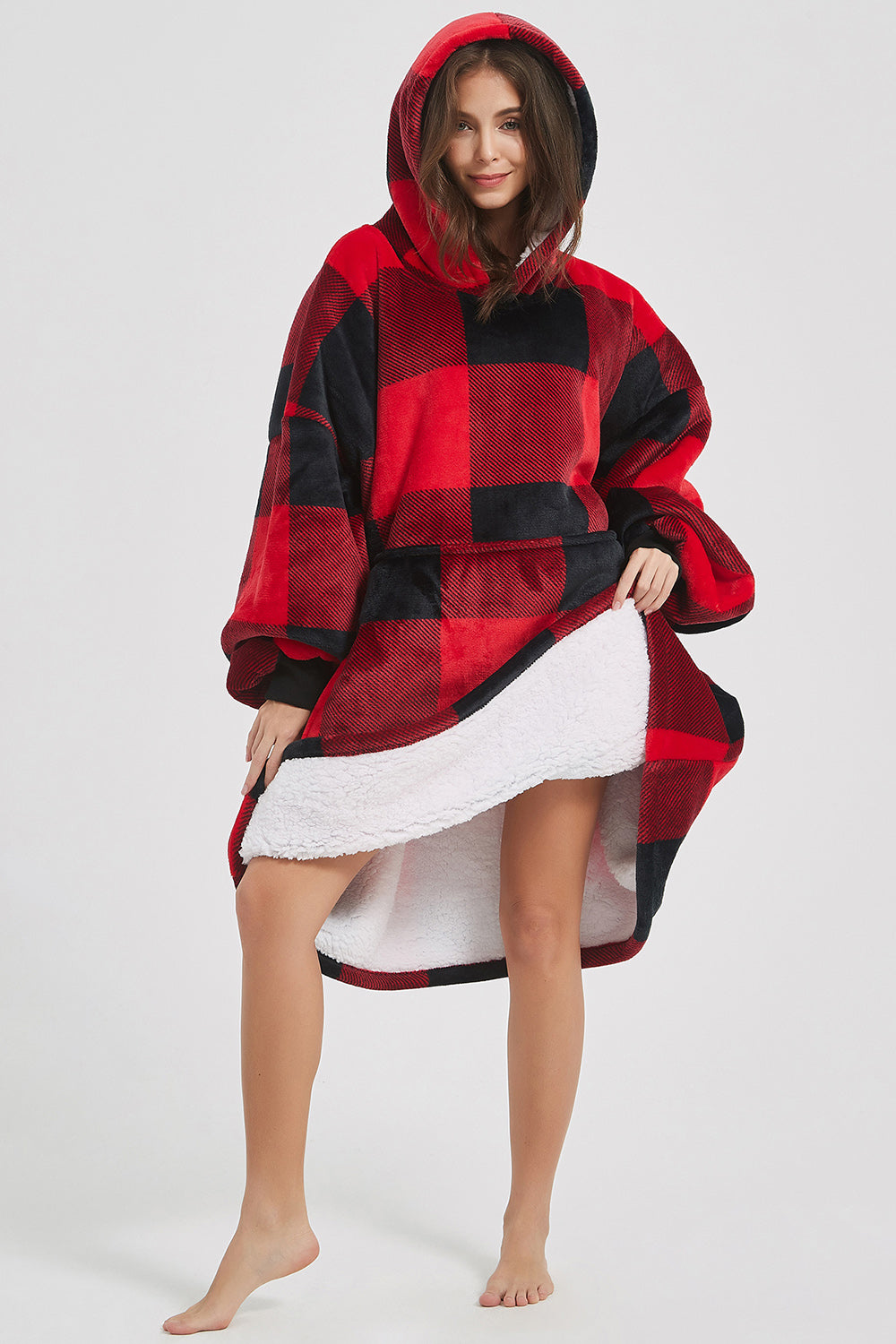 Plaid Hooded Oversize Fuzzy Lounge Dress 