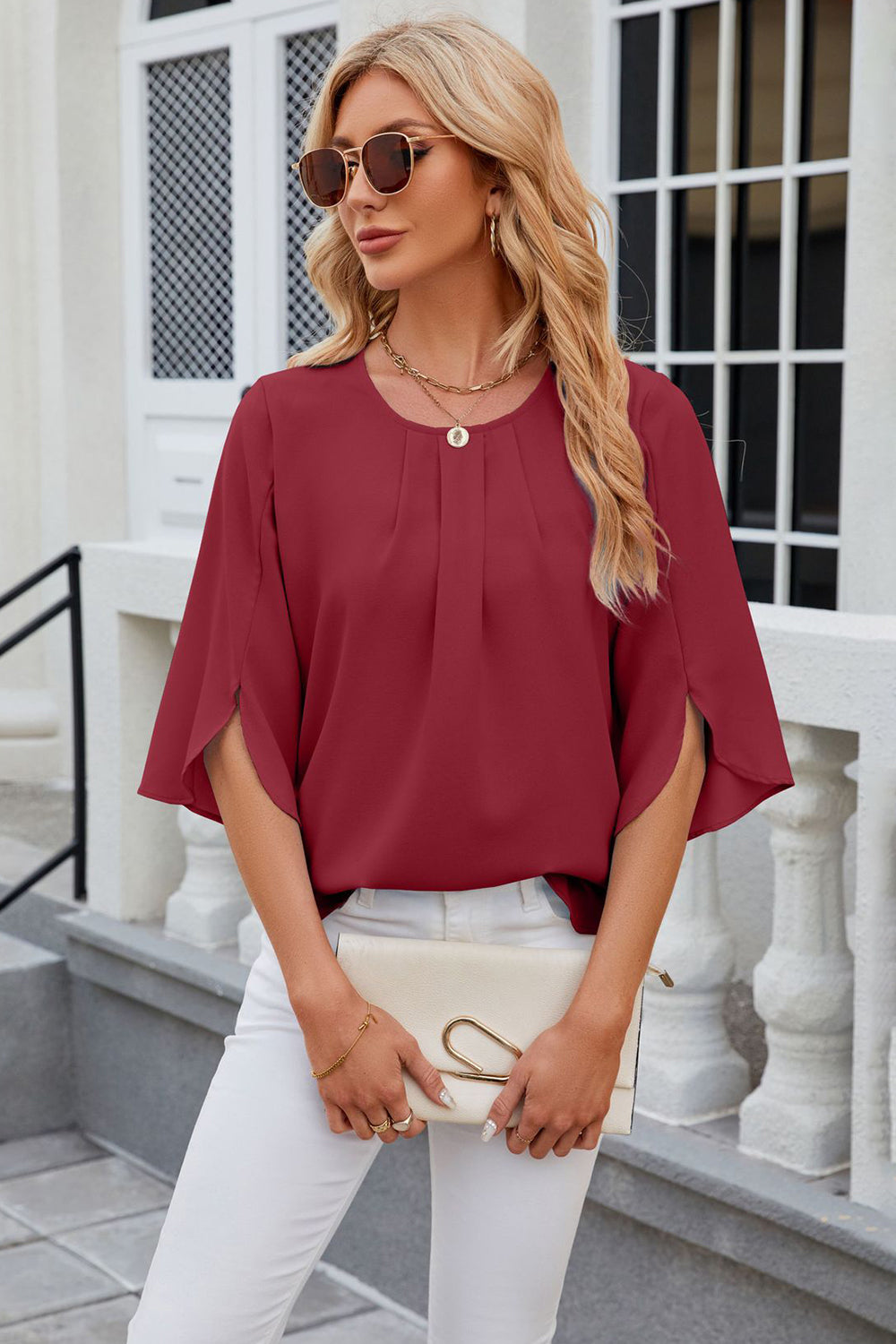 Round Neck Slit Half Sleeve Top 