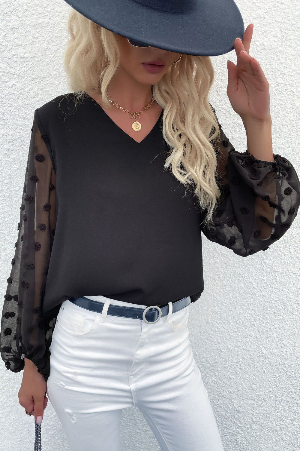 Swiss Dot Sleeve V-Neck Top 