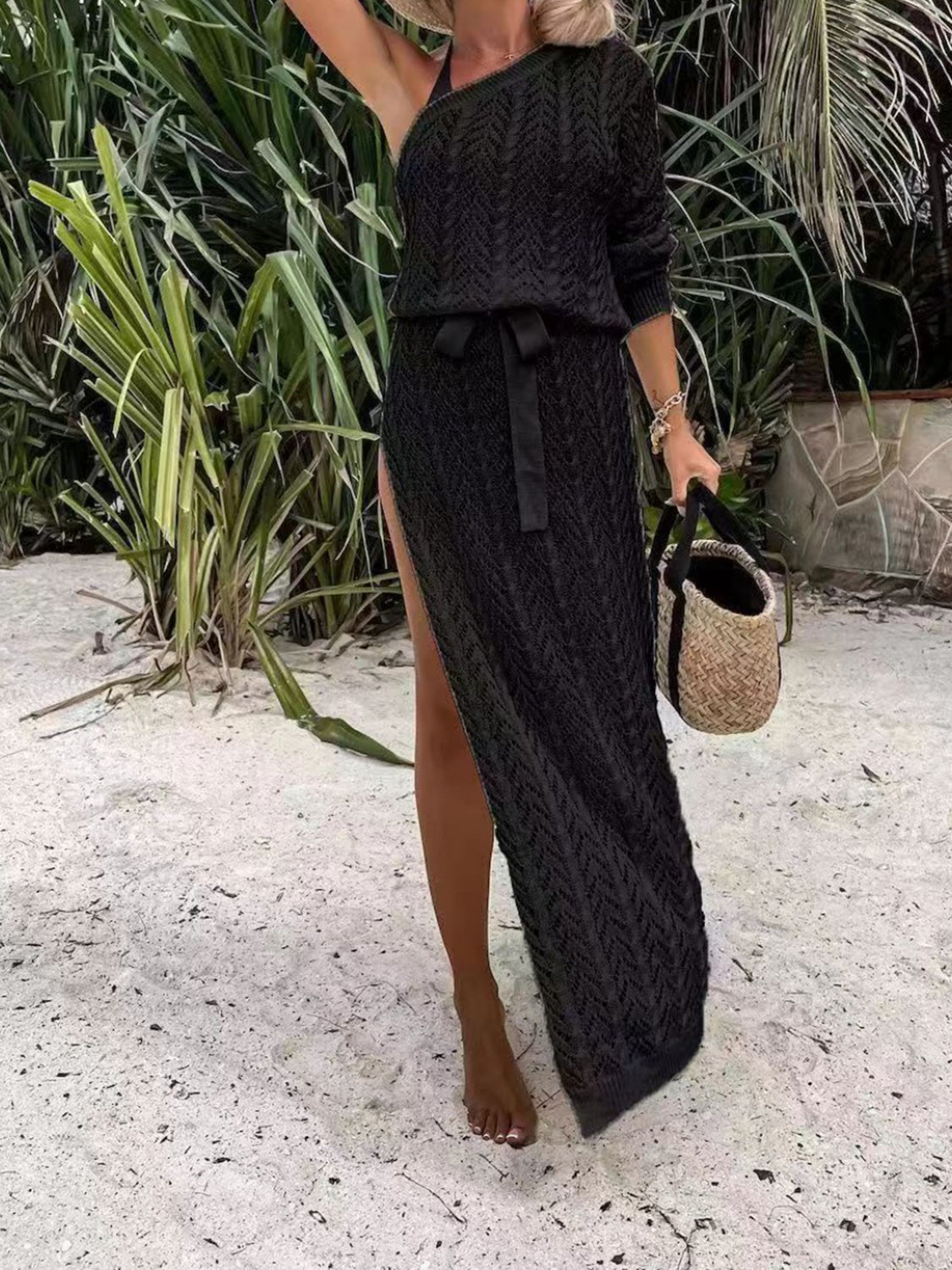 Slit Openwork Single Shoulder Knit Dress - Babbazon Maxi Dress