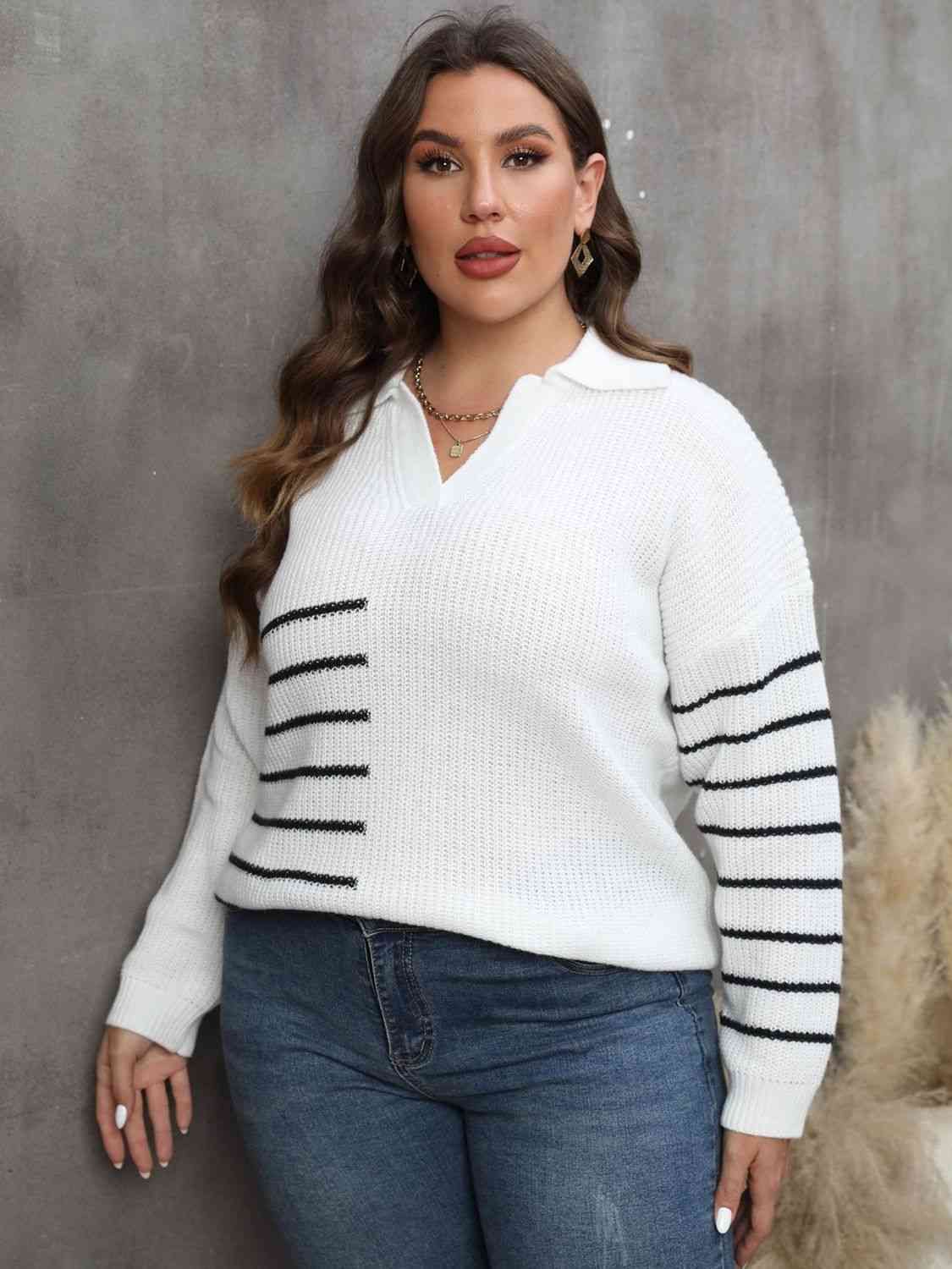 Plus Size Striped V-Neck Sweater 