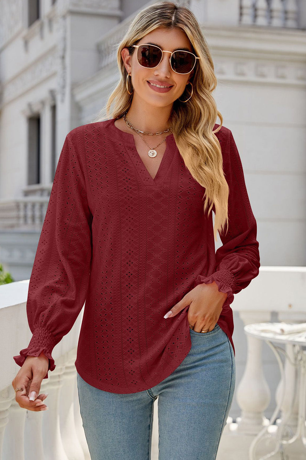 Eyelet Notched Lantern Sleeve T-Shirt 