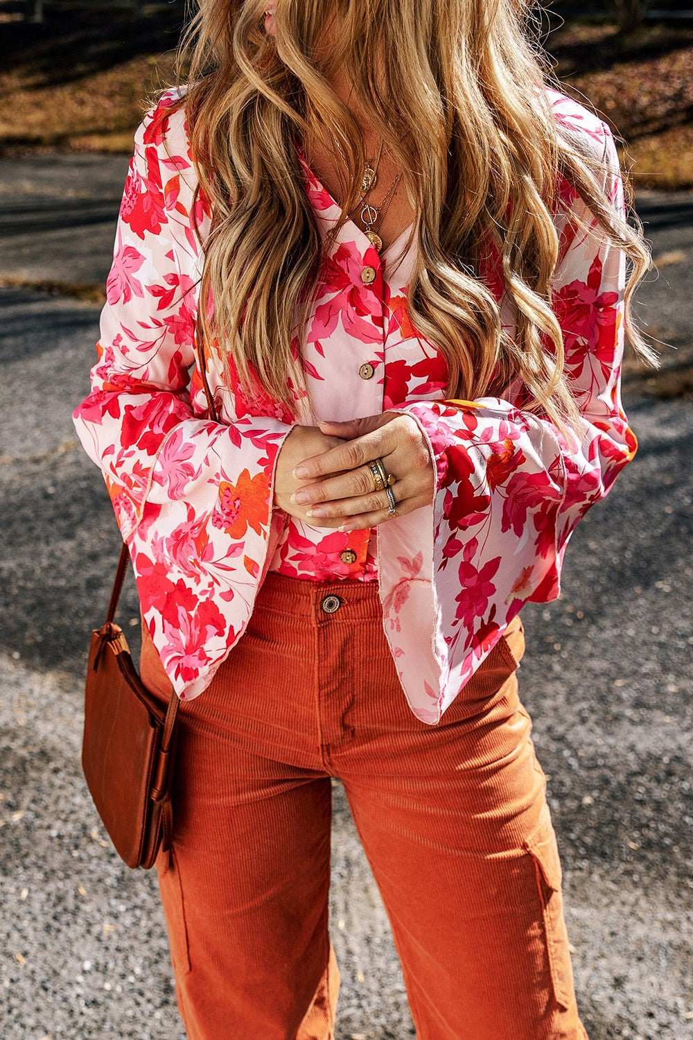 Floral Flare Sleeve Button Up V-Neck Bodysuit 