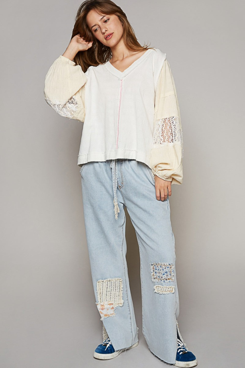 POL Balloon Sleeve Crochet Patch Top 