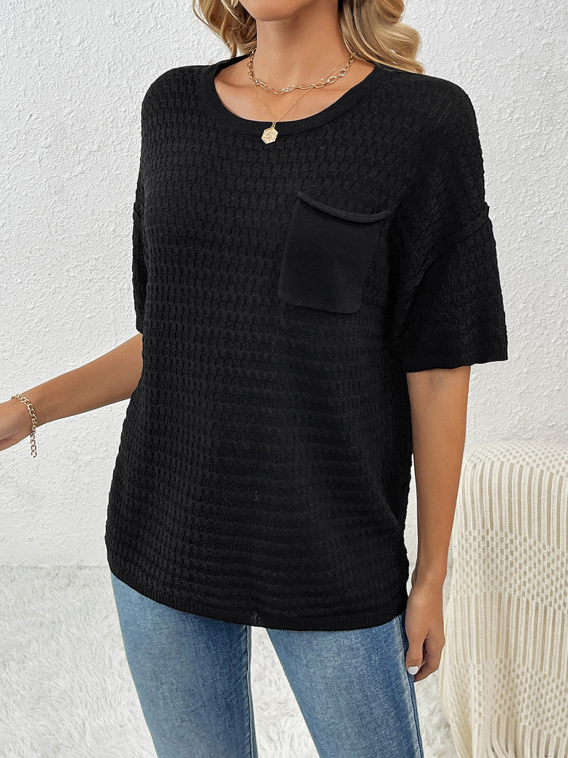 Round Neck Half Sleeve Knit Top 