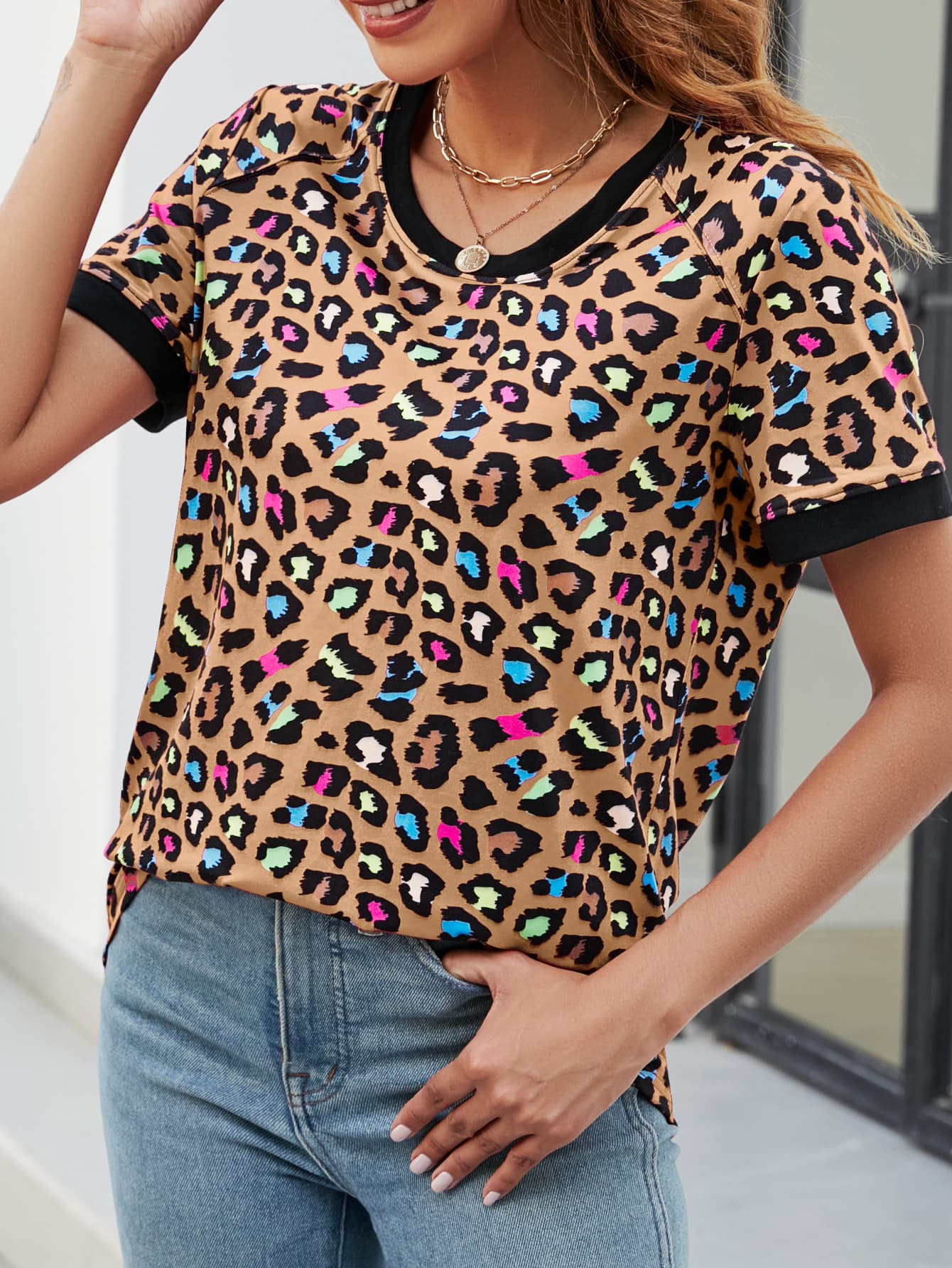 Leopard Round Neck Short Sleeve Tee Shirt