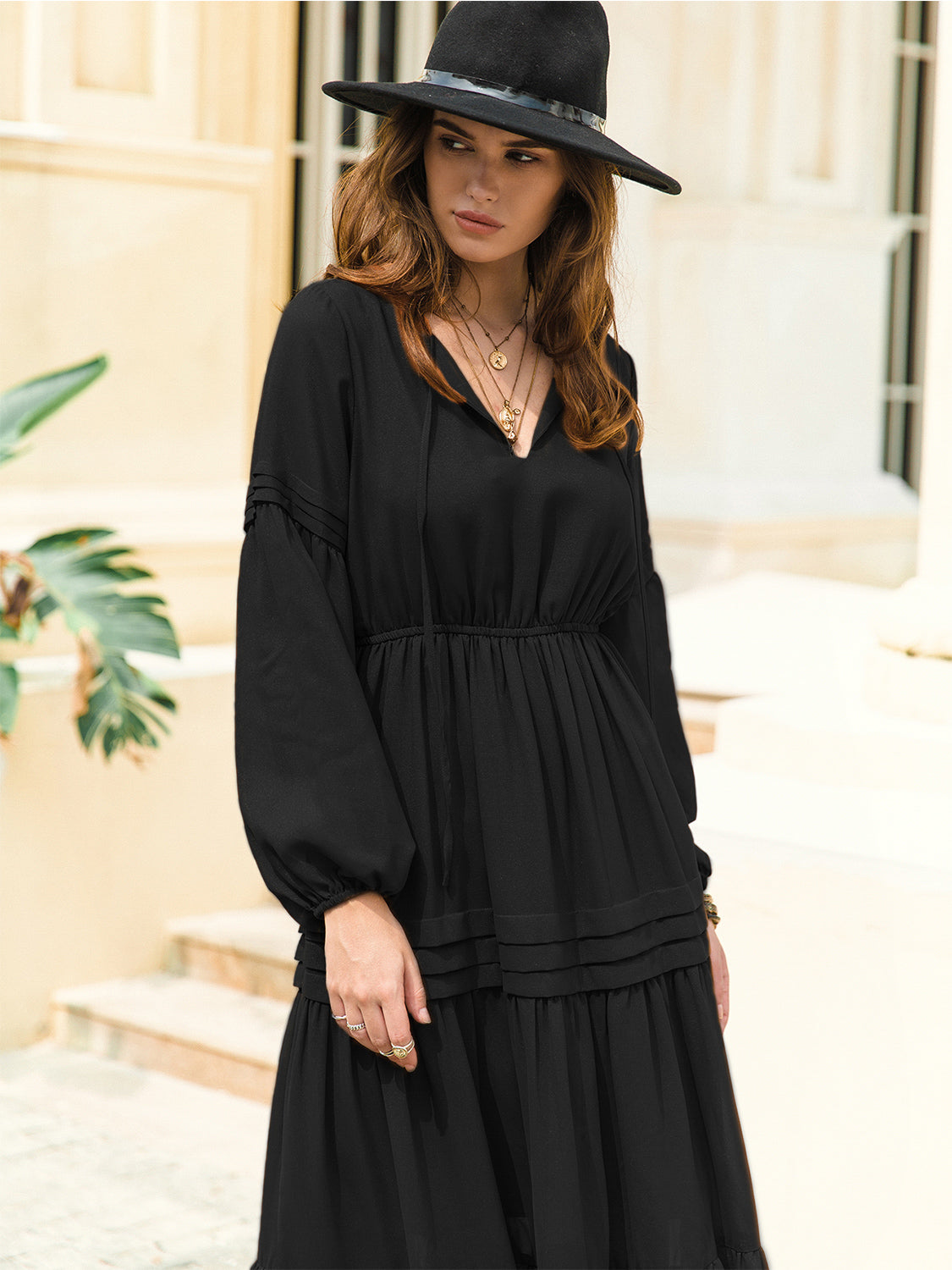 Tie Neck Long Sleeve Midi Tiered Dress 