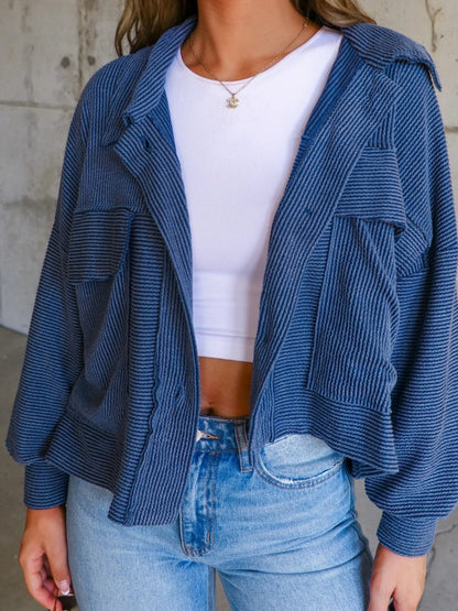 Ribbed Collared Neck Button Up Jacket 