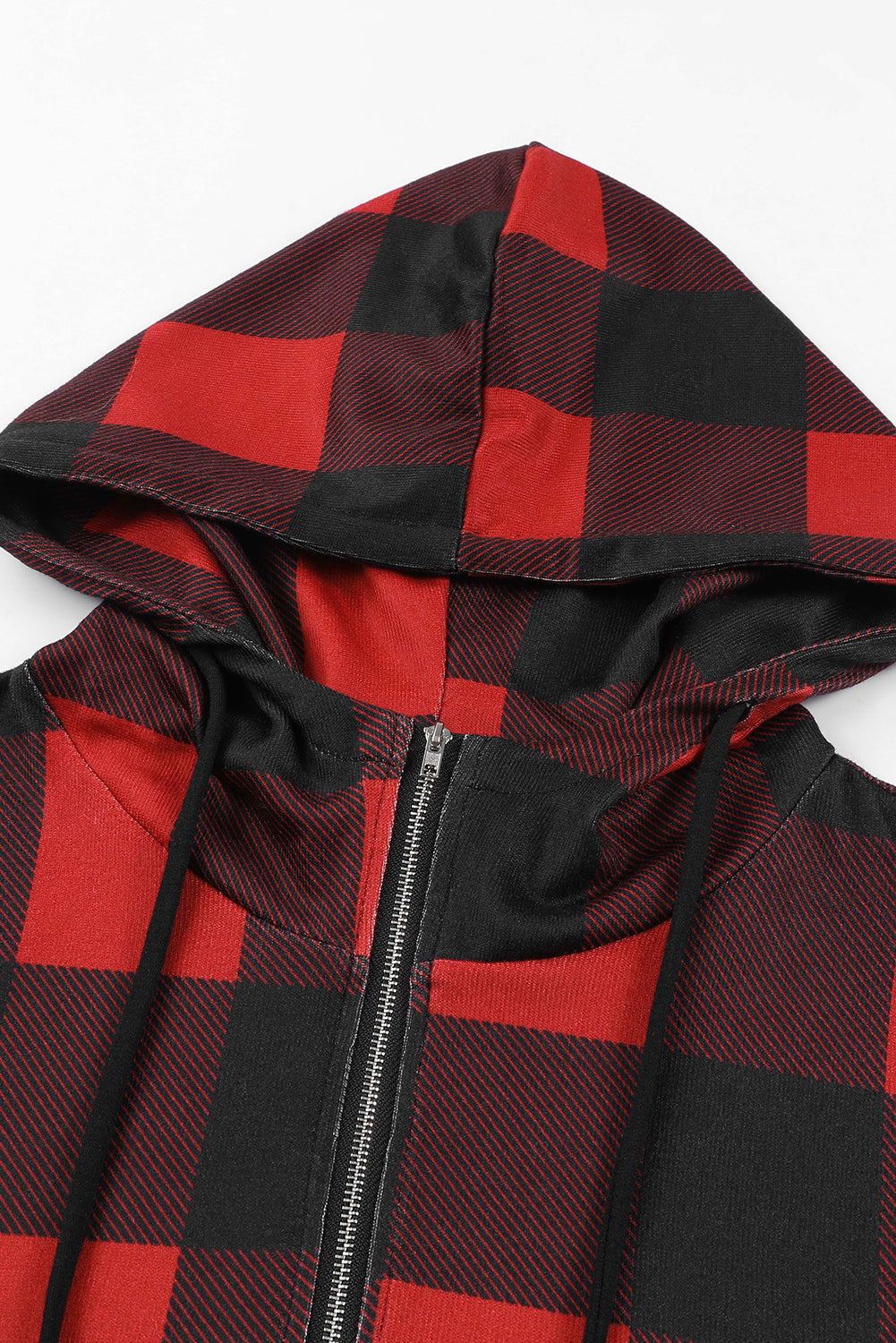 Drawstring Plaid Half Zip Hoodie 