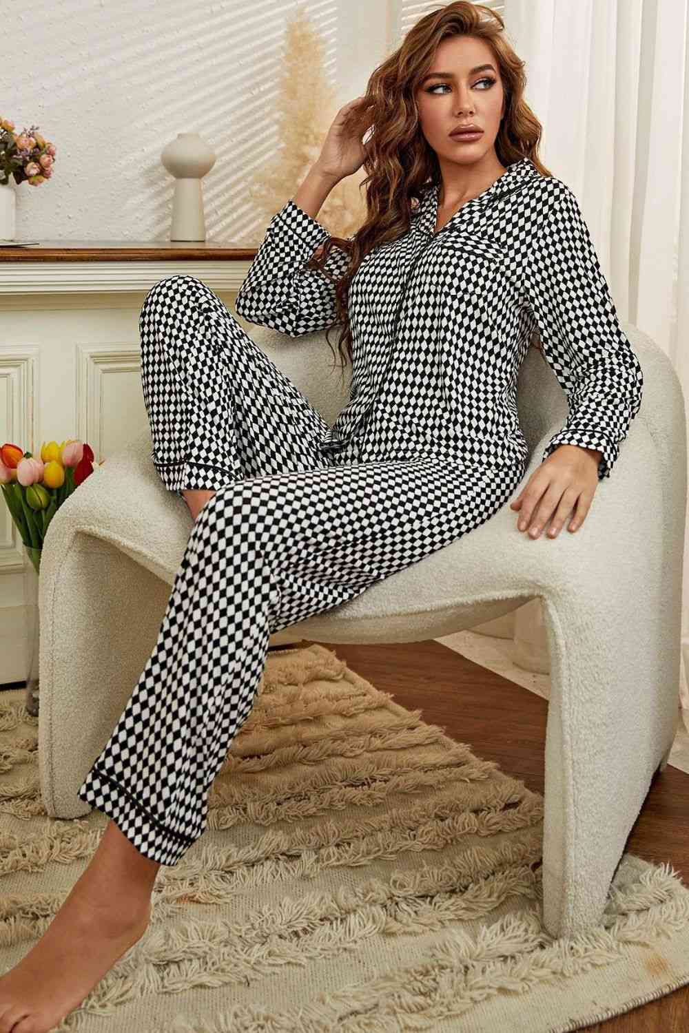 Checkered Button Front Top and Pants Loungewear Set 