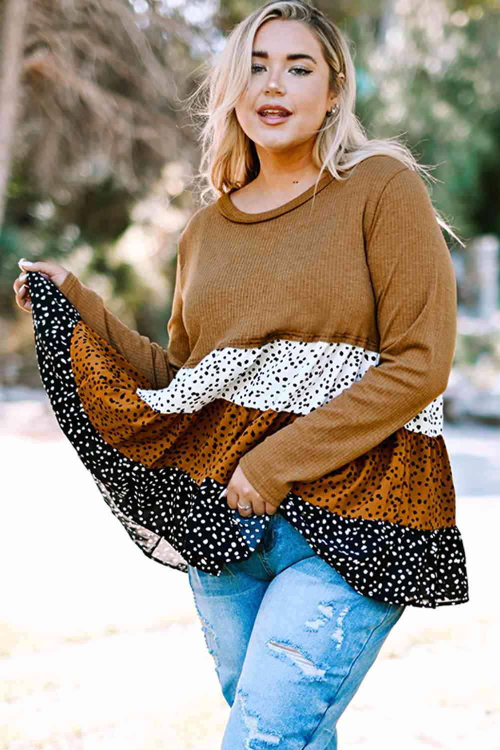 Plus Size Animal Print Color Block Ribbed Babydoll Top 