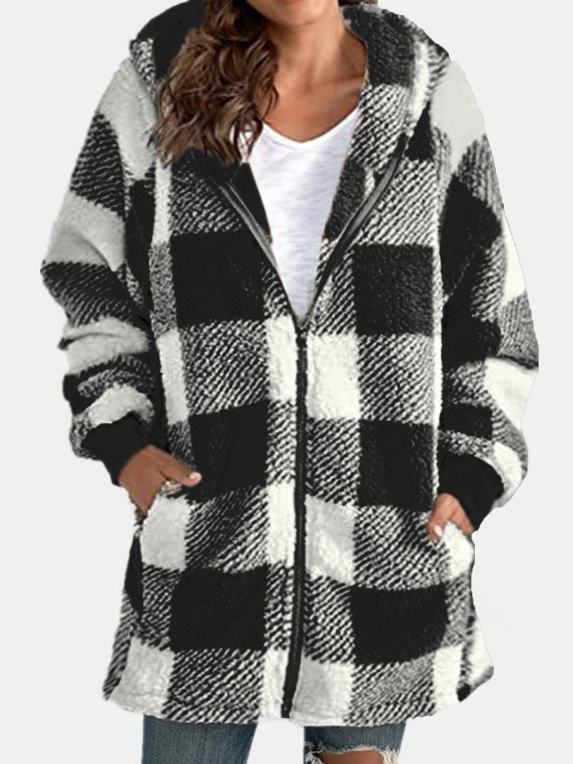 Plaid Zip Up Hooded Jacket with Pockets 