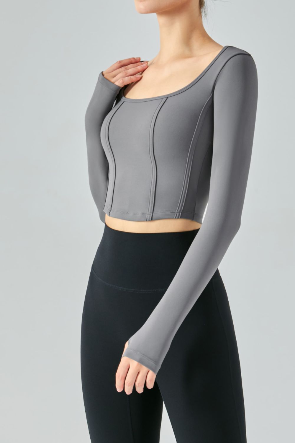 Seam Detail Thumbhole Sleeve Cropped Sports Top 