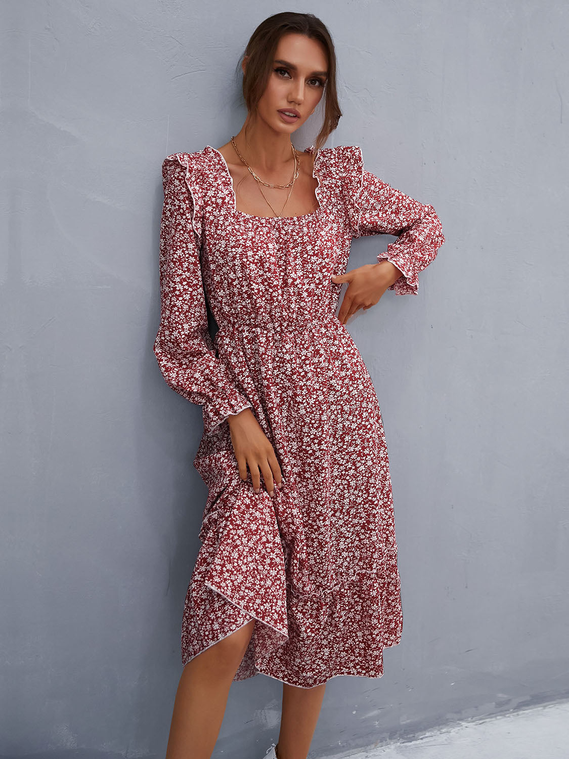 Ruffled Ditsy Floral Flounce Sleeve Dress - Babbazon Midi Dress