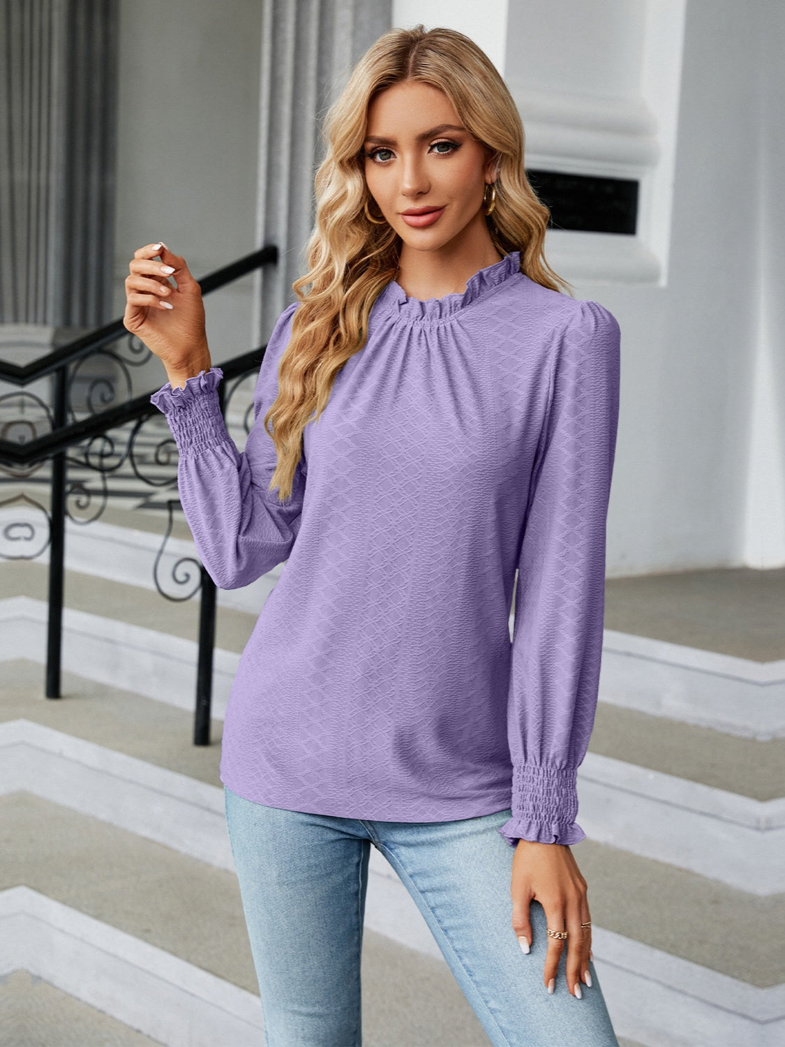 Frill Mock Neck Lantern Sleeve Blouse