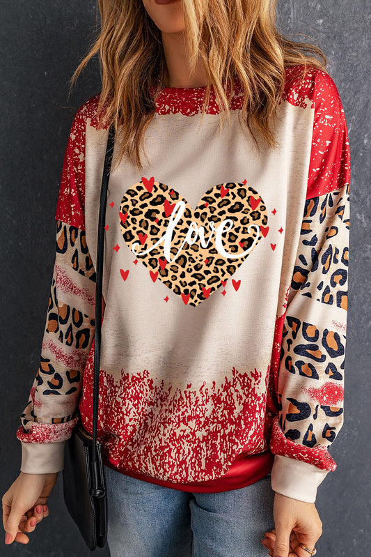 LOVE Heart Leopard Round Neck Sweatshirt 