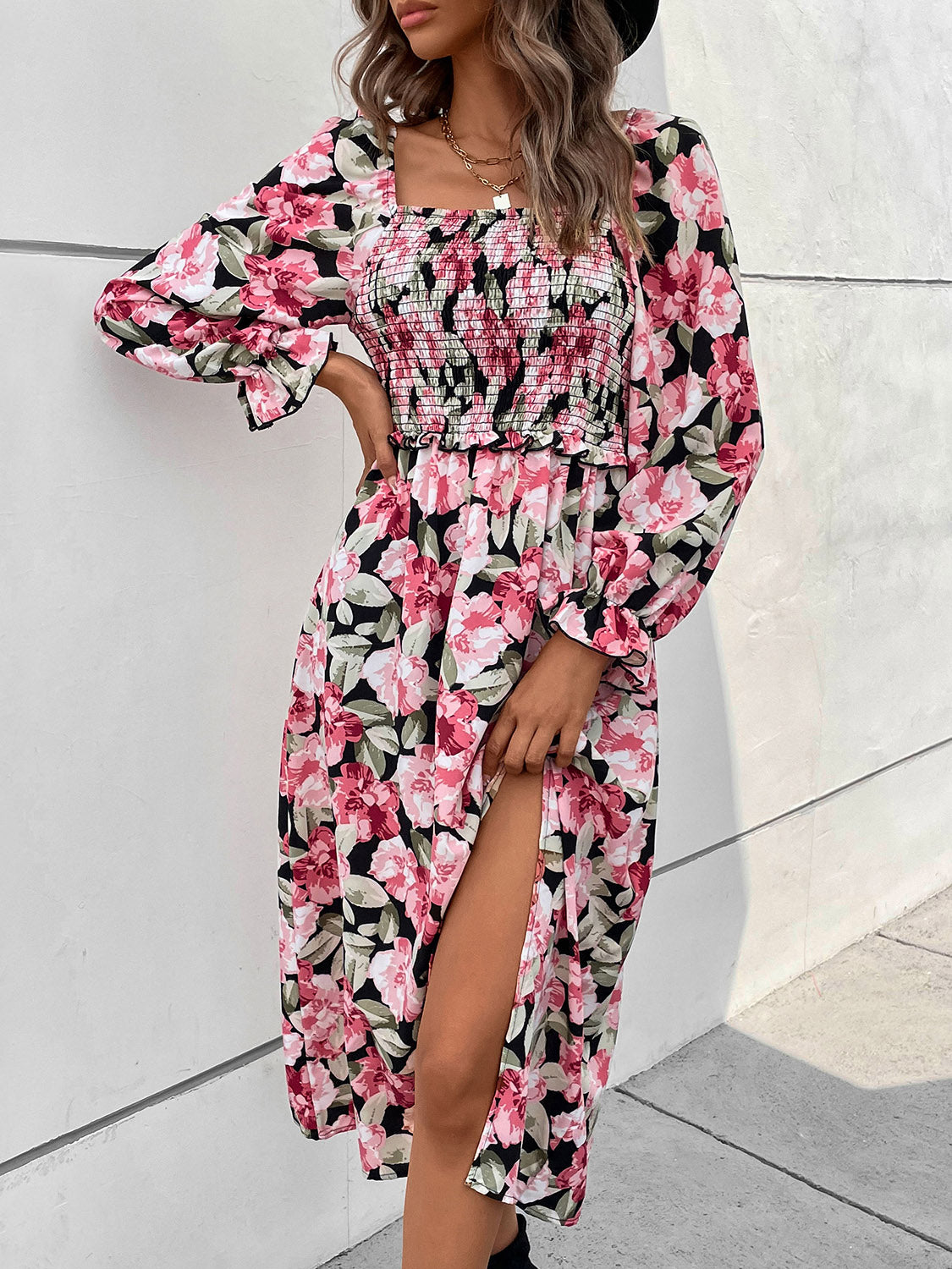 Slit Smocked Floral Flounce Sleeve Dress - Babbazon Midi Dress