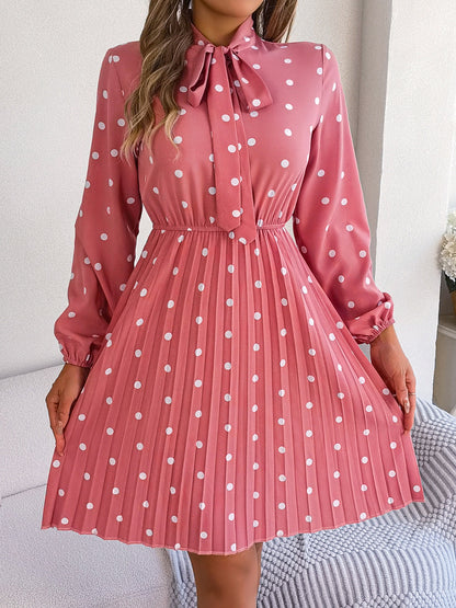 Polka Dot Tie Neck Pleated Dress 