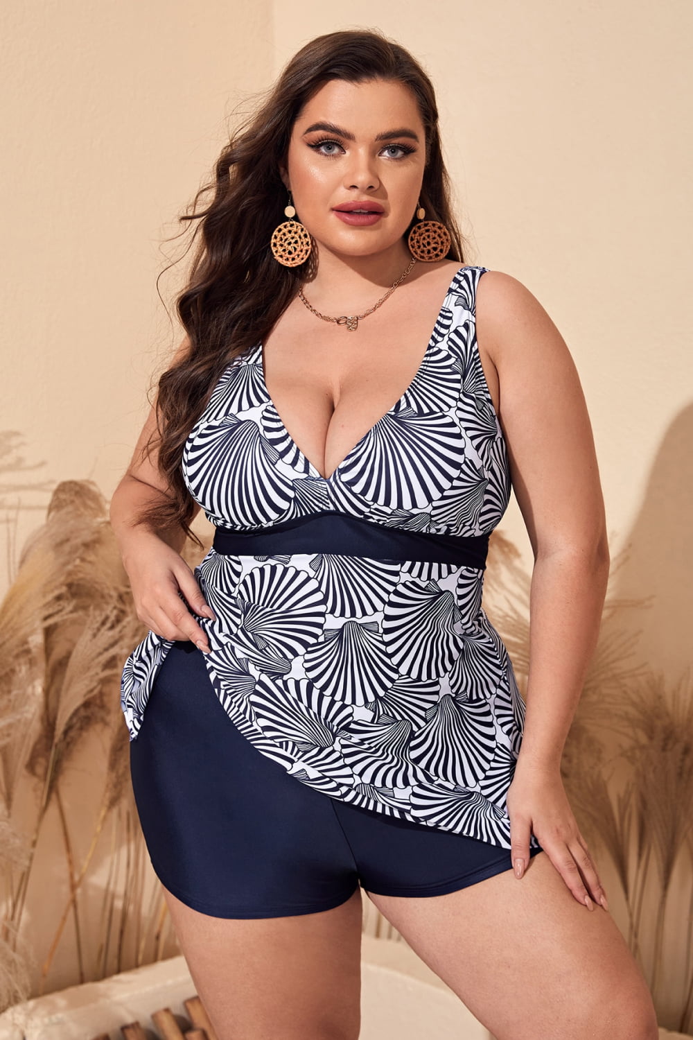 Plus Size Printed Sleeveless Top and Shorts Swim Set - Babbazon Tops