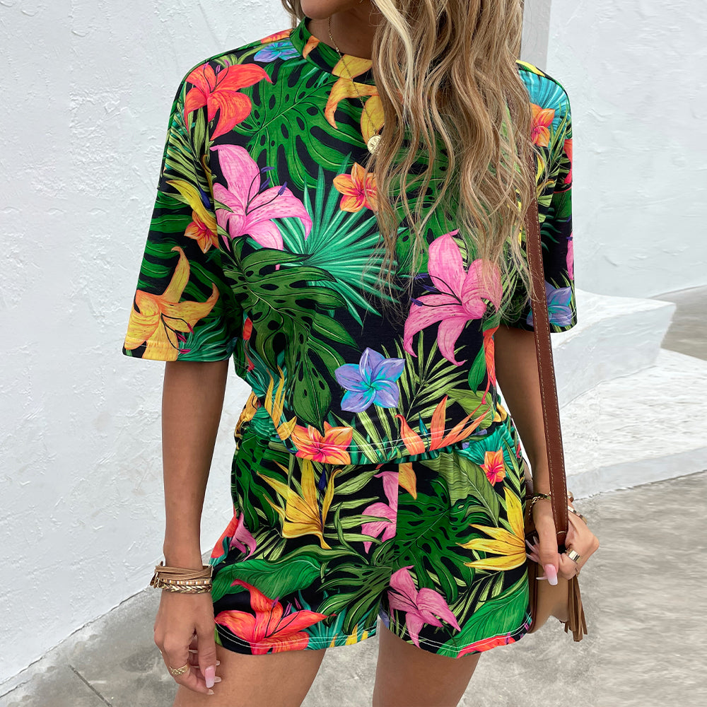 Floral Print Round Neck Dropped Shoulder Half Sleeve Top and Shorts Set 