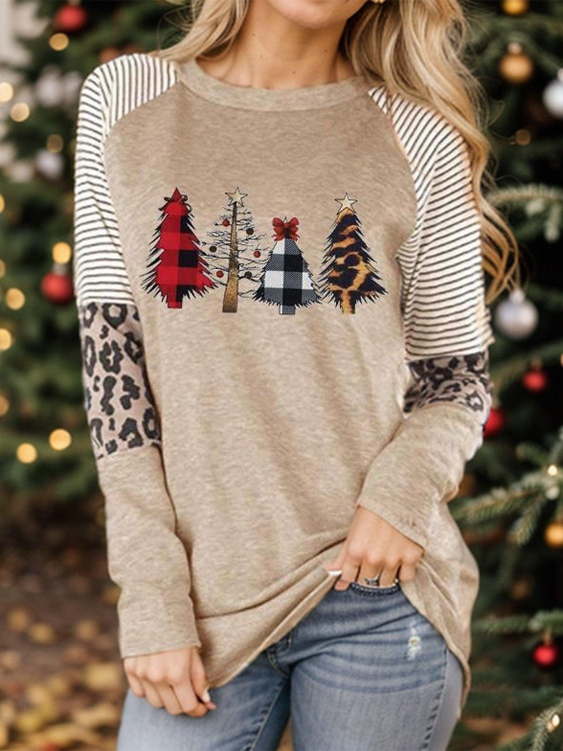 Christmas Tree Graphic Striped Long Sleeve Sweatshirt 