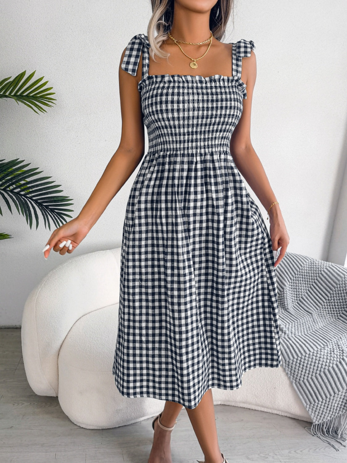 Frill Plaid Square Neck Midi Dress 