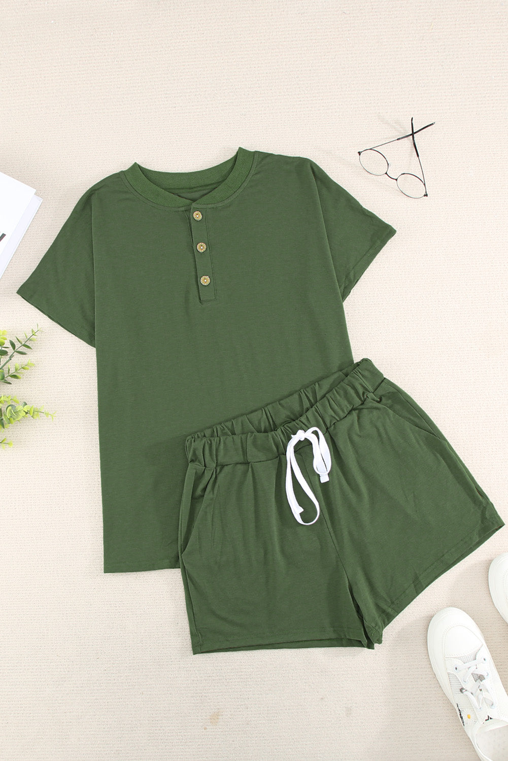 Quarter Button Short Sleeve Top and Shorts Lounge Set 