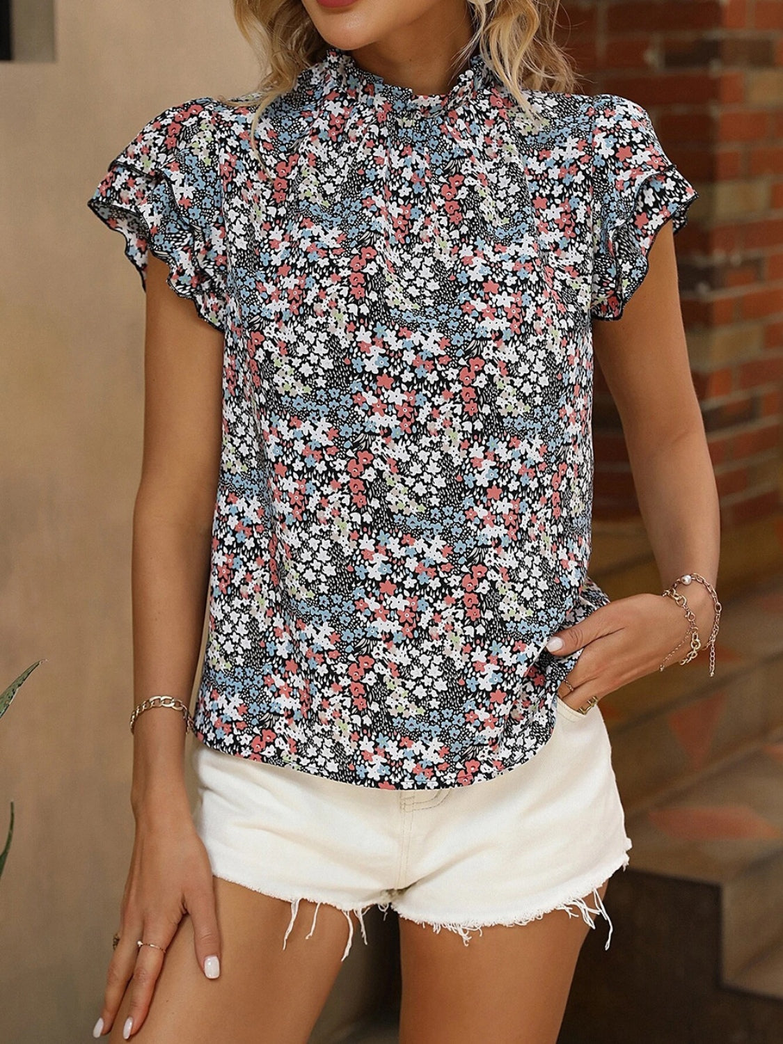 Floral Mock Neck Cap Sleeve Blouse 