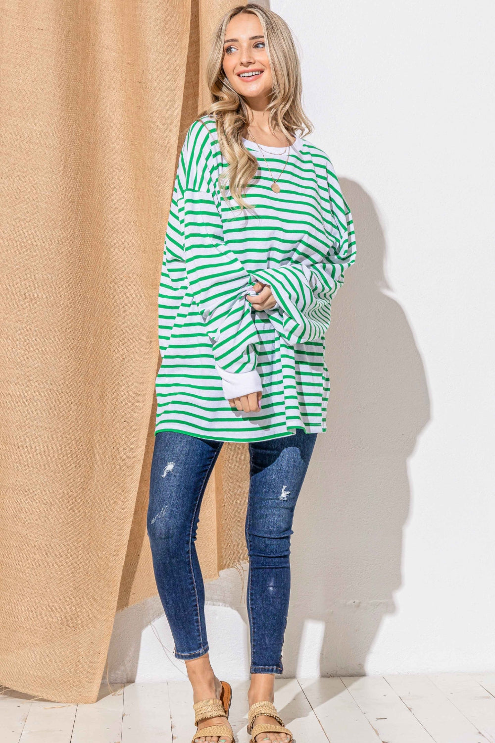 And The Why Oversized Striped Balloon Sleeve Top 