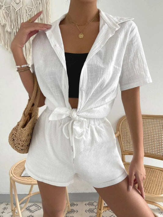 Button Up Short Sleeve Shirt and Drawstring Shorts Set 